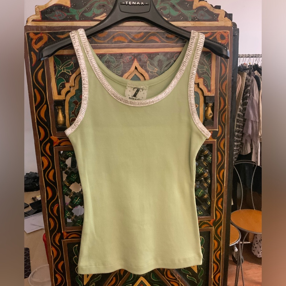 Green Tank Top with Embellished Trim